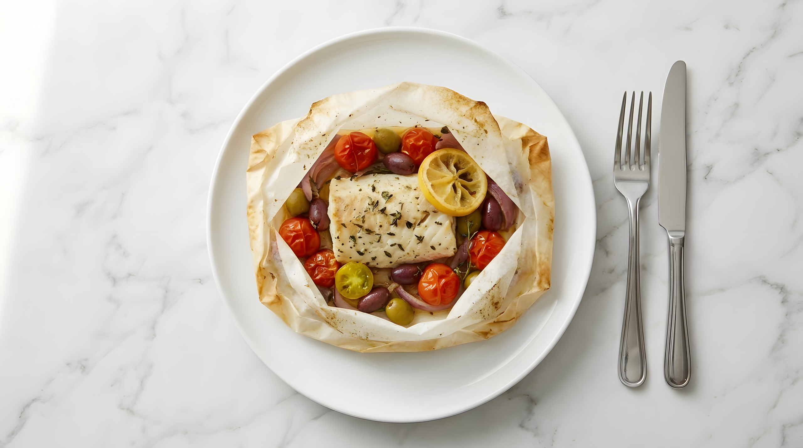 A perfectly cooked cod en papillote, presented in a crumpled parchment paper parcel on a white plate, revealing flaky white fish simmered in wine with cherry tomatoes, zucchini, and lemon slices.
