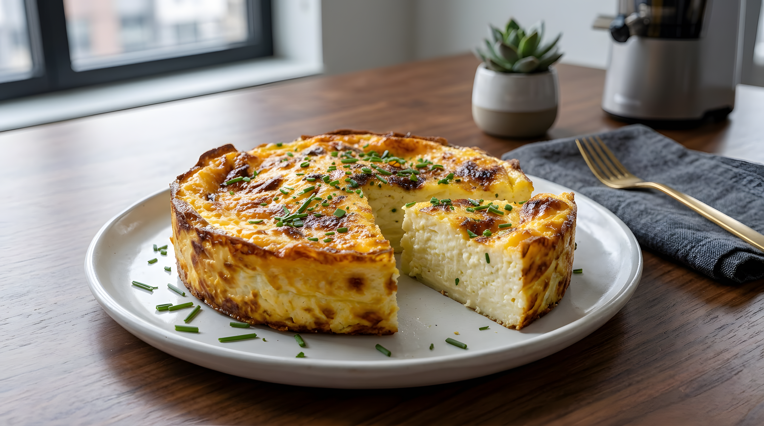 Chive Custard Breakfast Bake in a springform pan with a golden Gruyere crust, sliced to show the interior texture